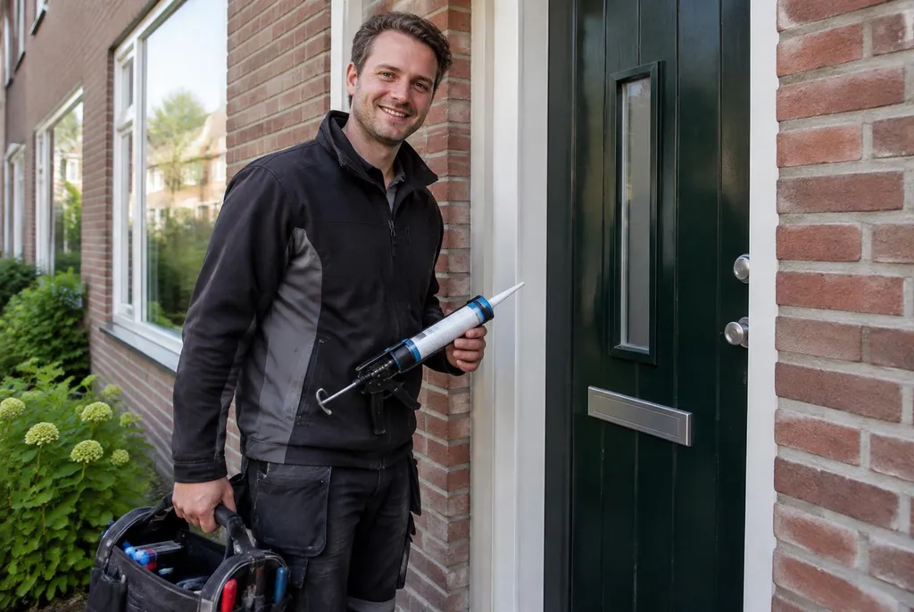 Vakman van Kitbedrijf Badhoevedorp bij de voordeur van een woning